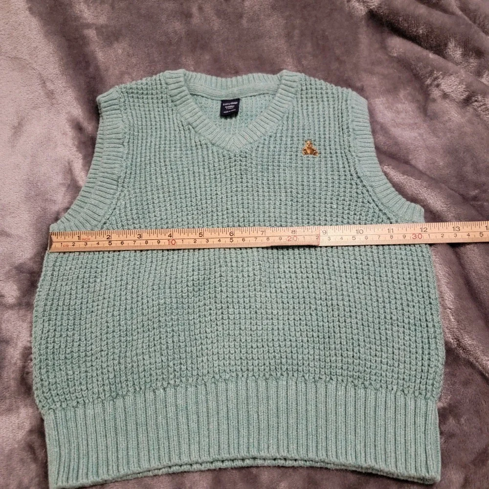 Baby Gap Sweater Vest Toddler 2Y Green Excellent Waffle Knit Bear Logo V-Neck